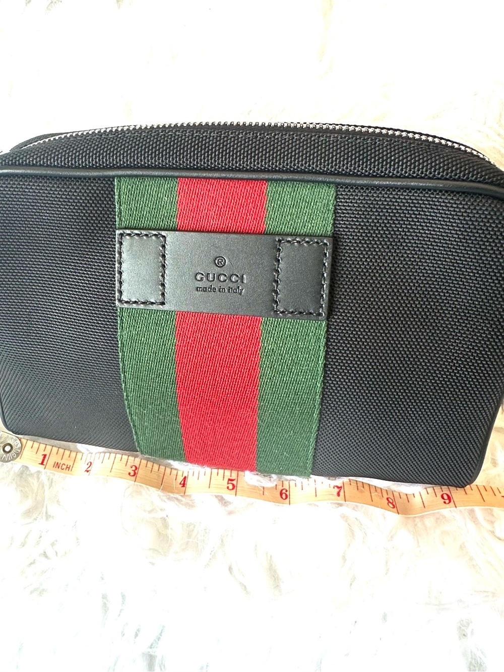 Gucci Black canvas belt bag with Green and Red Web Stripe